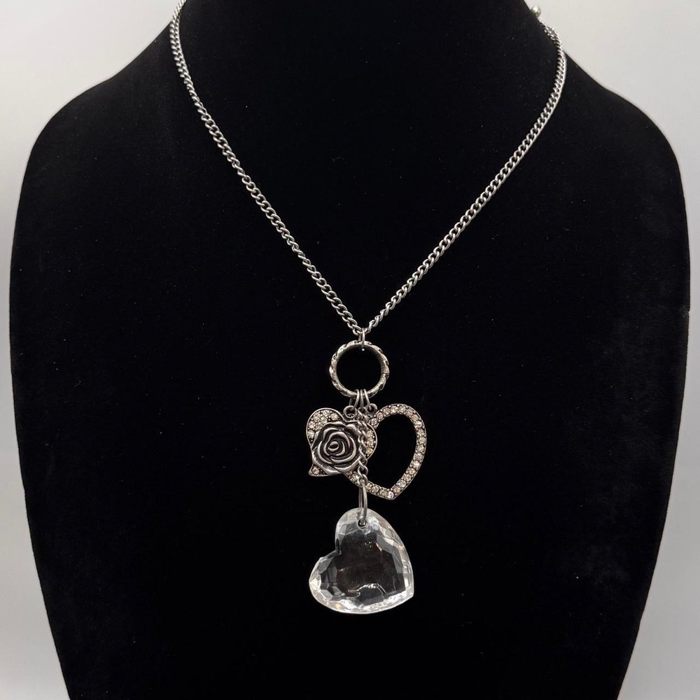 Silver heart pendant necklace with rose and crystal drop